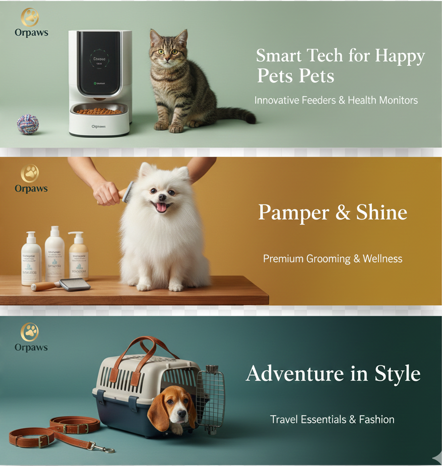 Three Orpaws product categories: Smart Tech for Happy Pets, Pamper & Shine, and Adventure in Style.